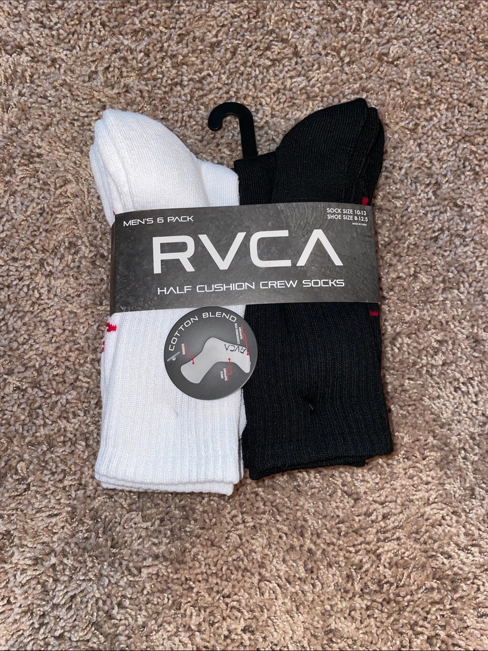 NWT RVCA Men's Crew Socks 6-Pack in White and Black one size